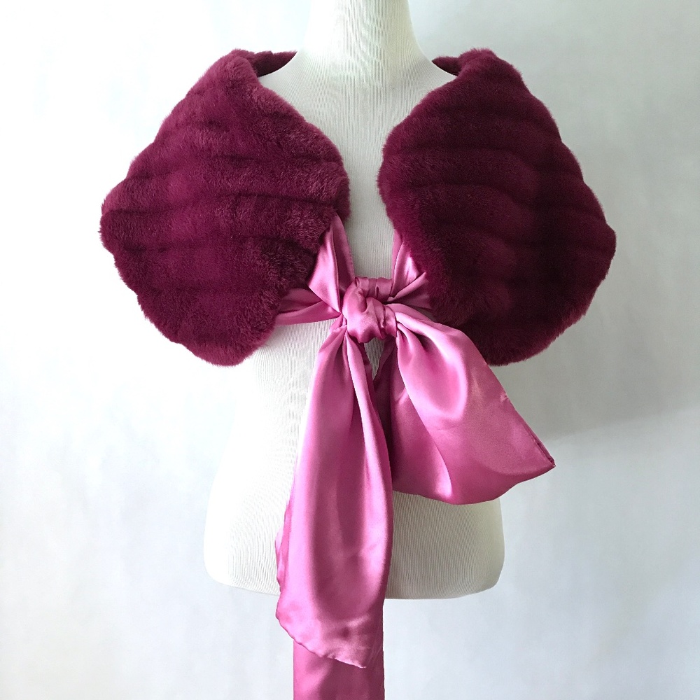 Sharon Deep Plum Dark Magenta Rose Satin Faux Fur Warp Shawl